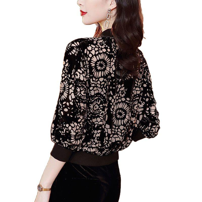 Women's Golden Velvet Autumn Jacket: Chic Hong Kong Style with Print, Loose Fit Baseball Design