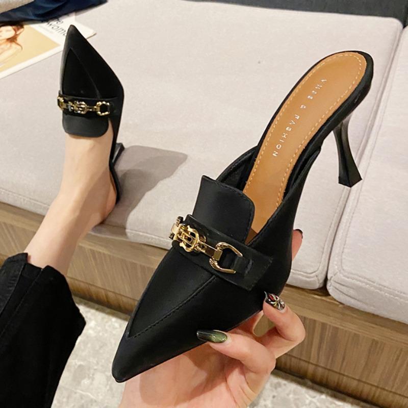 Womens Slippers 2024 New Fashion Leather Baotou Sandals Metal Decoration Summer Versatile Pointed Toe Women's High Heel Slippers