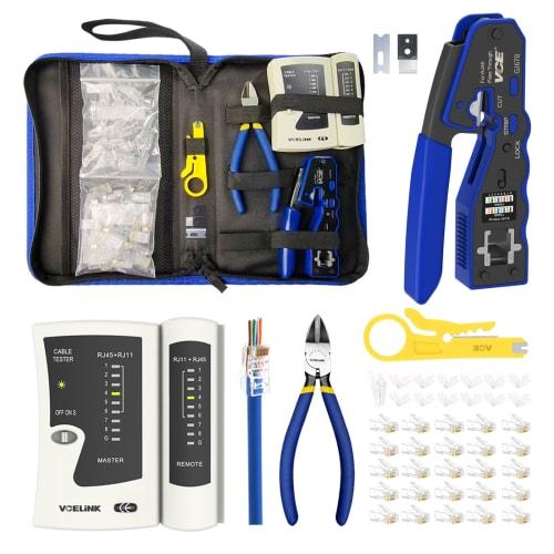 VCELINLK RJ45 Crimping Tool Set, LAN Crimping Tool, Nipper Plastic Model, 25-Piece RJ45 Connector Penetration + Protective Cover, LAN Tester, Wire Str