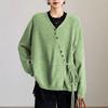 Women's Light Green V-Neck Knit Cardigan with Colorful Buttons and Tie Detail