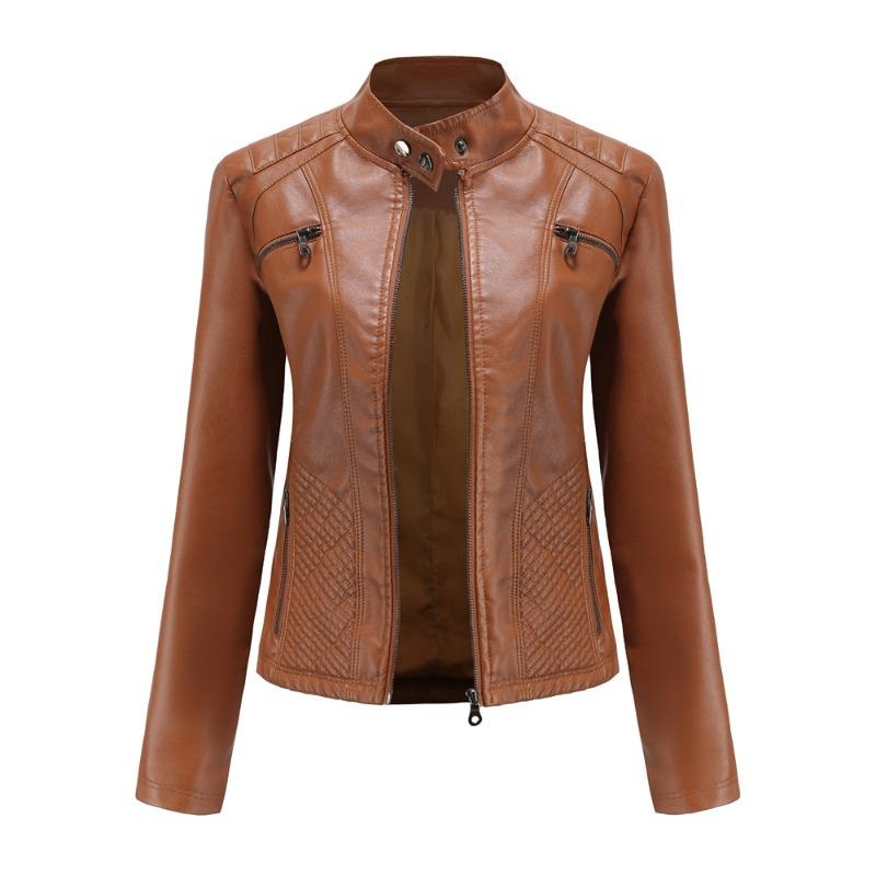 Neue Damen Freizeit Lederjacke Stehkragen Jacke Schlanke Jacke Damen Einfarbig Damen Lederjacke