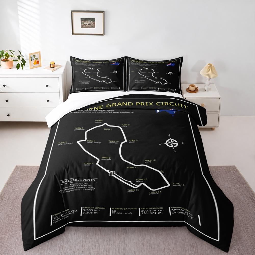 Melbourne Grand Prix Circuit F1 Track Map Bedding set (1 duvet cover, 2 pillowcases, duvet not included), Black White Albert Park Racing Art Print