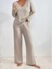 2025 Autumn/Winter Hot Selling Ribbed V-Neck Long Sleeve Brushed Casual Set for Women