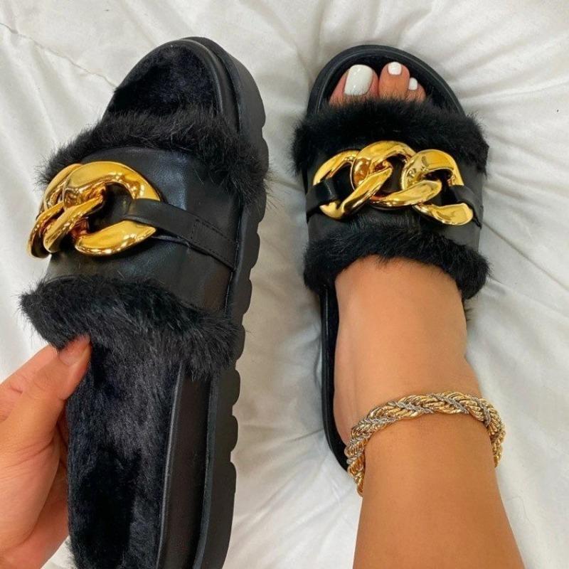 European and American New Thick-bottomed One-word Wool Slippers Foreign Trade Large-size Cross-border Metal Chain Cotton Drag Women