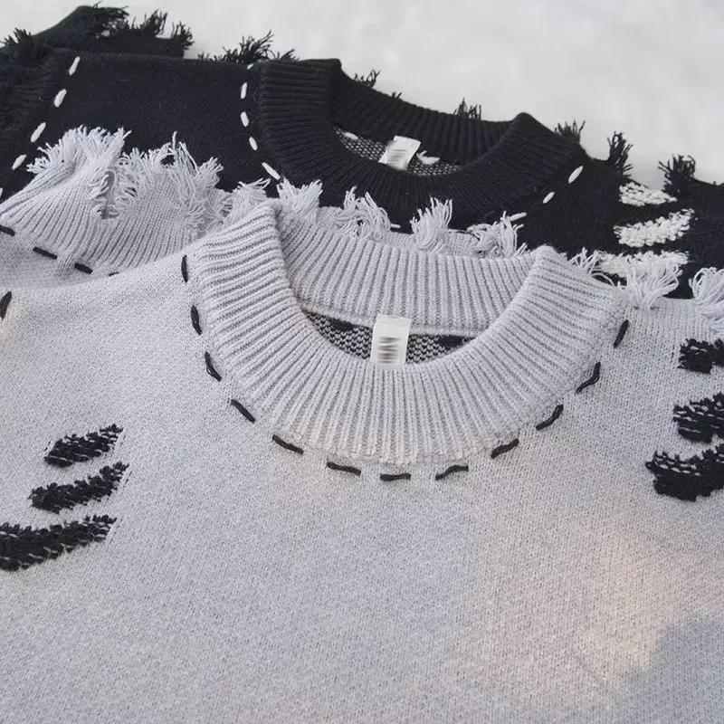 2023 Autumn Men's High Street Distressed Raw Edge Knitted Vest Sweater