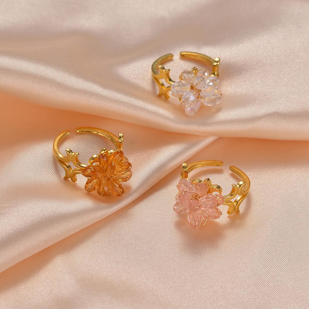 Atoztide Fashion Beaded Flower Open Ring For Women Stainless Steel Exquisite Colored Flower Adjustable Finger Ring Jewelry Gift