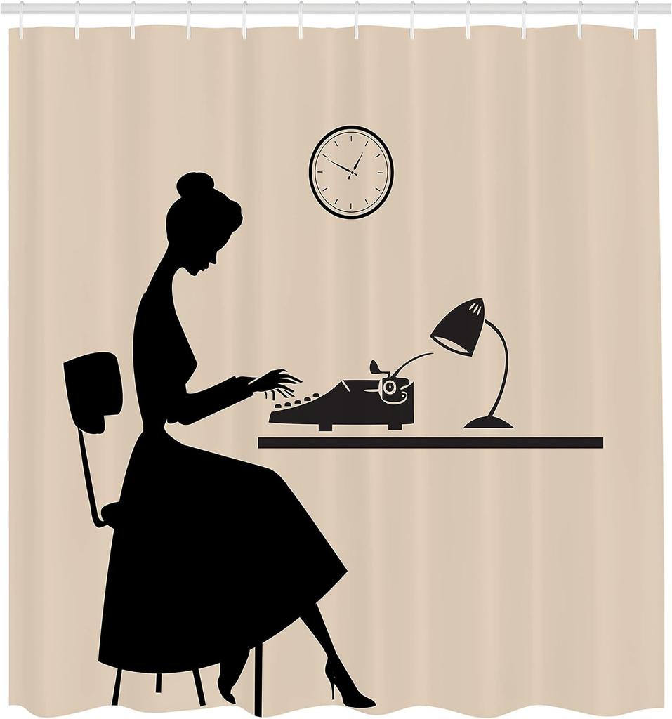 Typewriter Woman Shower Curtain Vintage Office Silhouette Design Retro Style Artistic Theme Bath Decor Waterproof Fabric