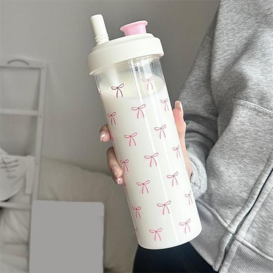 Pink Bow Print Water Bottle with Straw Lid 700ml Cute