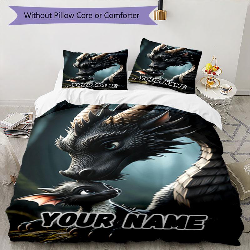 3PC Custom Name Dragon Moment Bedding Set Duvet Cover Closure Includes 1 Duvet Cover & 2 Pillowcases for Bedroom