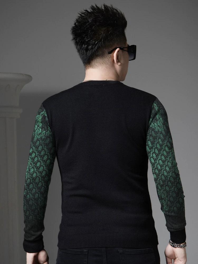 European Trendy Brand Round-Neck Sweater for Men, 2025 Autumn and Winter New Style, Velvet Print, Warm Long-Sleeve Knitted Base Shirt