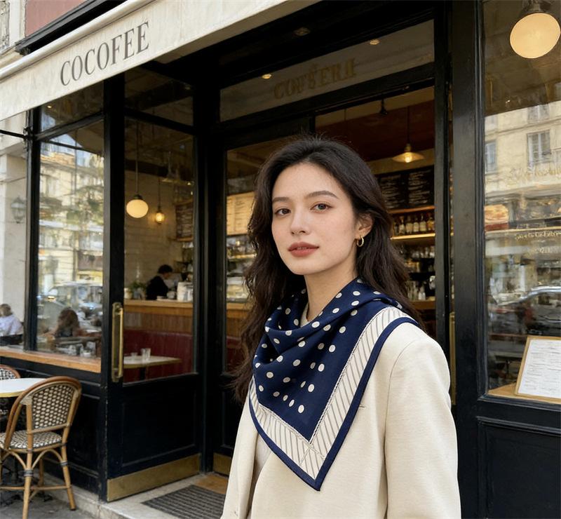 Silk silk scarf women's spring Japanese and Korean temperament versatile polka dot mulberry silk double crepe Chinese square scarf with shawl scarf