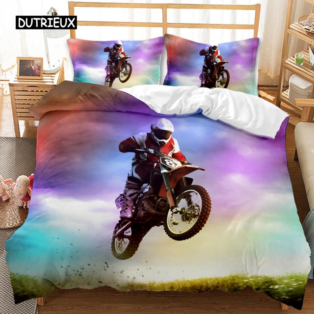 Motorbike Duvet Cover Set Motocross Rider Racing Motorcycle Dirt Bike Bedding Set Vehicles Extreme Sports Polyester Quilt Cover