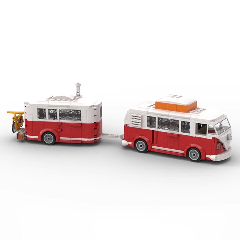 MOC Technisches Auto Kreativer VW T1 Campingbus und Anhänger 6 Noppen Breite Stadt Camping LKW Sets Bausteine Kinderspielzeug Geschenk