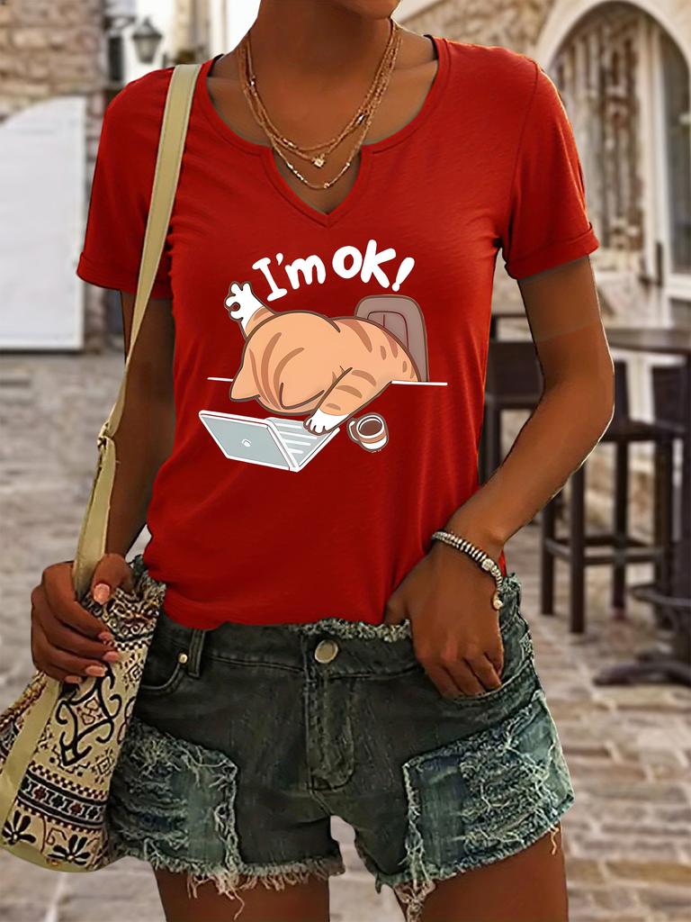 Women's Summer V-Neck Short Sleeve T-Shirt, "I'm OK!" Lazy Cat Office Print, Funny Cat Lover Casual Fashion Top