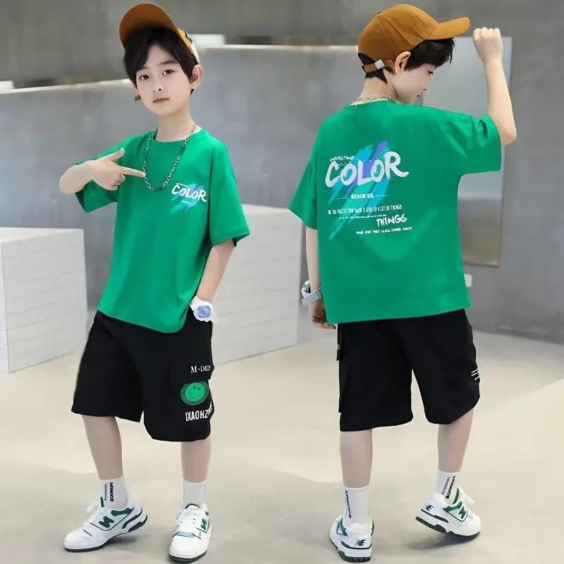 Teen Boys Clothing Set Summer Letter Graffiti Short Sleeve T Shirt Shorts Suit Kids Casual Outfit