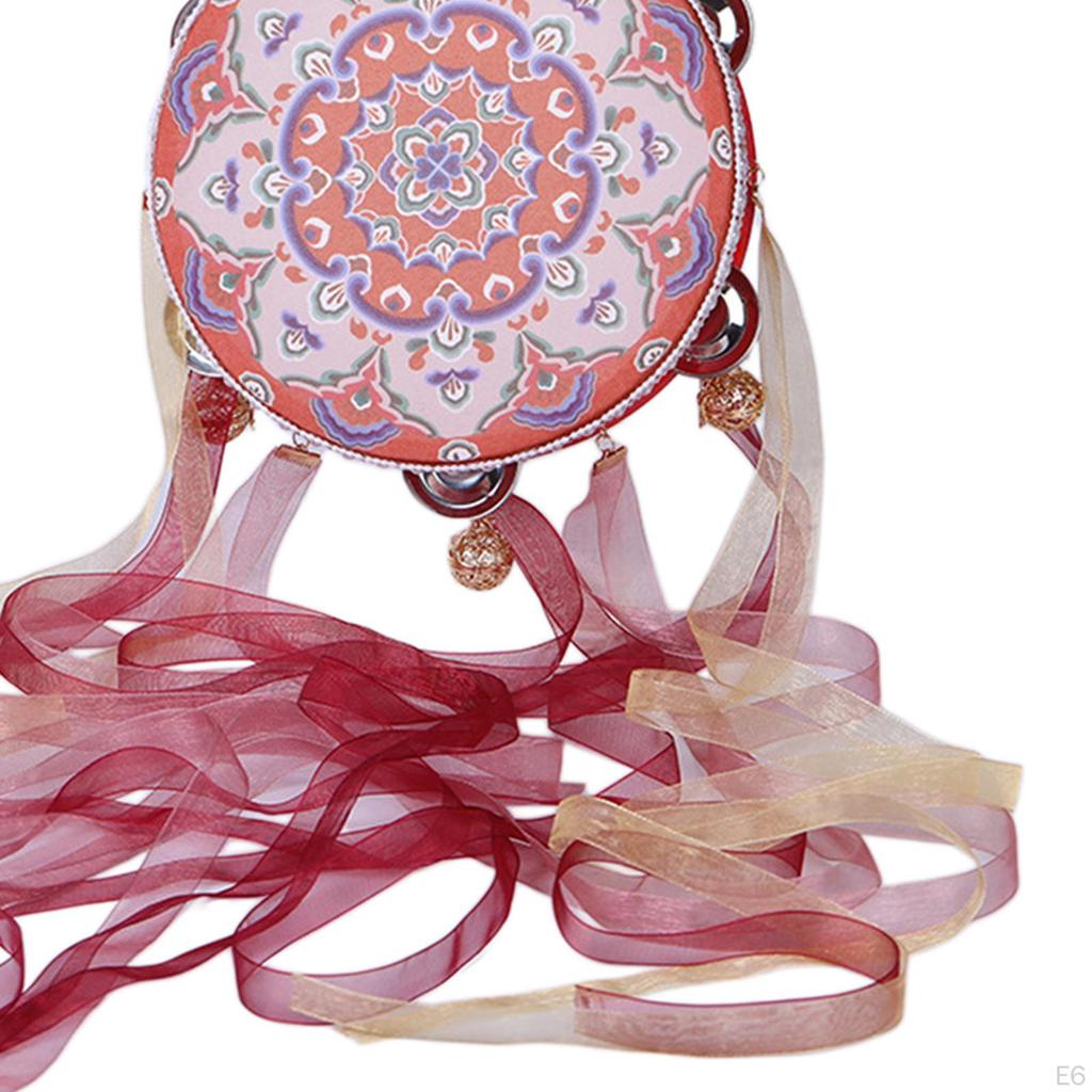 Chinese Decorative Tambourine Hand Drum 7.28inch Vintage with Ribbon Lightweight Musical Instrument