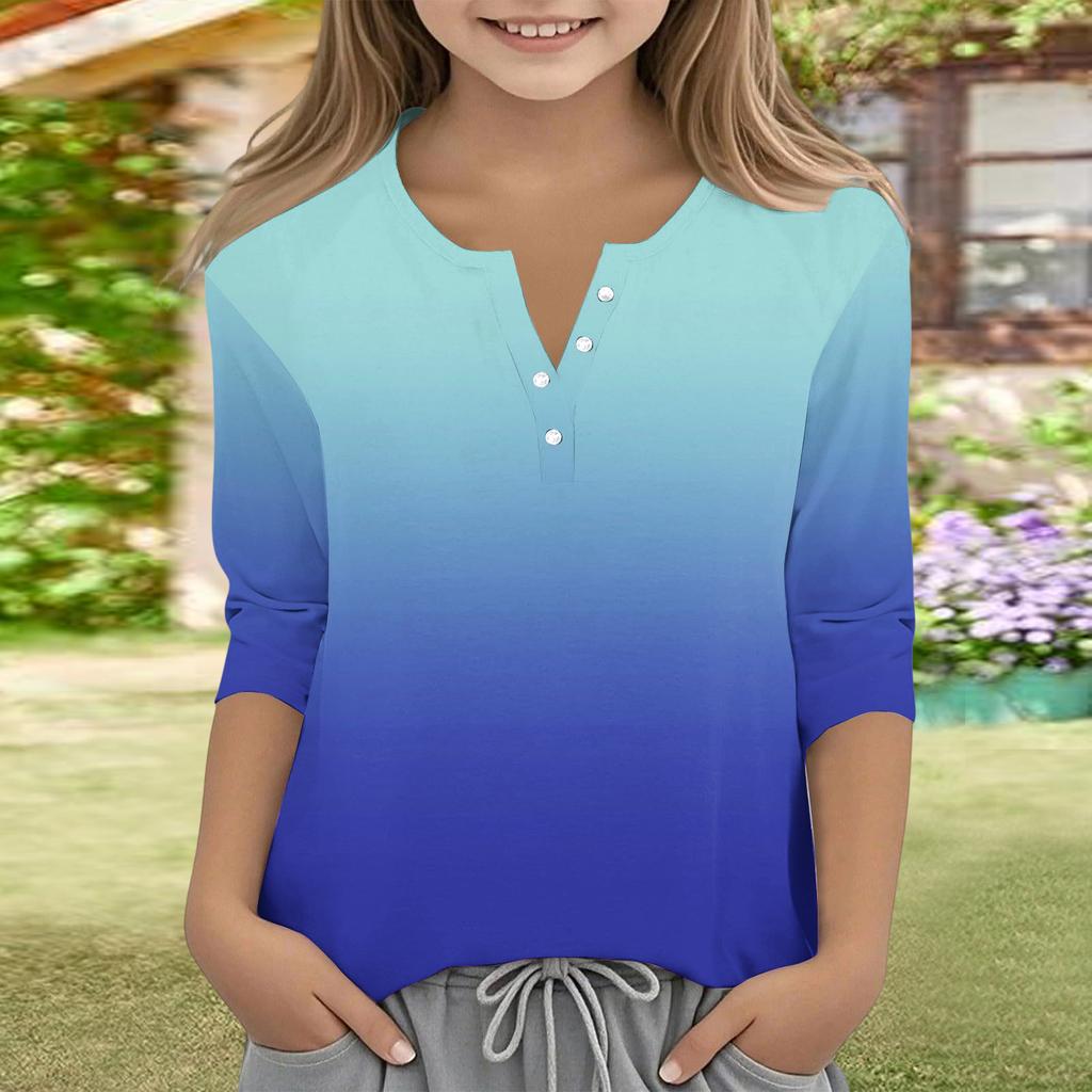 Print Tops For Youth Girls V Neck Button 3/4 Sleeves T-Shirts Trendy Tops Outfit Tees
