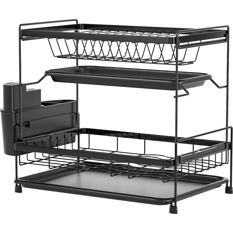 Stainless Steel Kitchen Counter Rack With Drainage Tray Multi-Tier Dish Organizer Bowls Plates Cutlery Cups