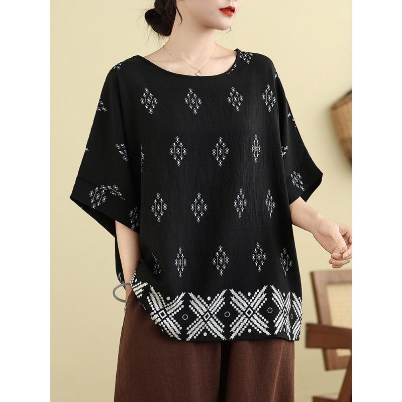 Baumwolle und Leinen Sommer Neu Damen Übergröße Kurzarm T-Shirt Um Sie schlanker aussehen zu lassen Sommer Locker Mutter Bedrucktes Oberteil Rundhalsausschnitt