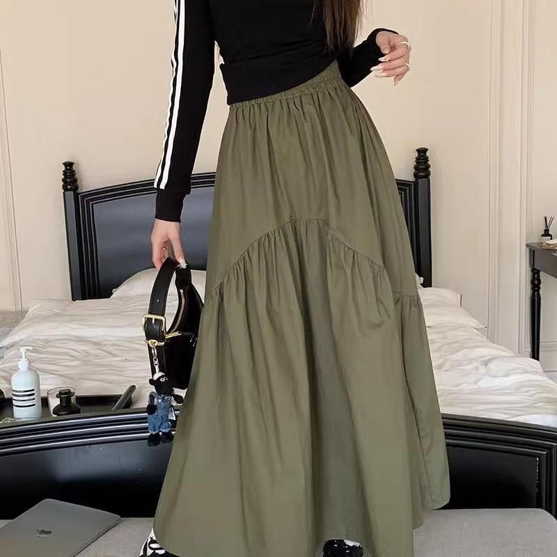 Spring New Elastic High Waist Fashion Loose Long Skirts Women Pleated Patchwork Summer A-line Skirt Female Elegant Temperament Simple Lady Skirt 26290