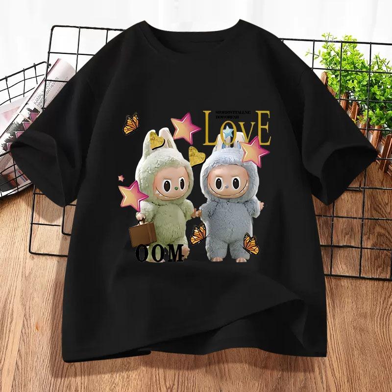 

Милая футболка с мультяшным принтом Лабубу, летняя новинка, детская футболка с круглым вырезом и короткими рукавами, подходит для девочек в возрасте 4-14 лет 110