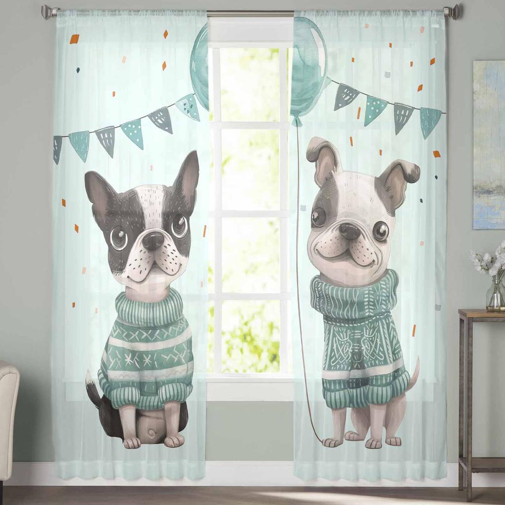 Pet Dog Balloon Celebration Flag Sweater Sheer Curtains for Kids Bedroom Living Room Voile Window Curtains Tulle Drapes
