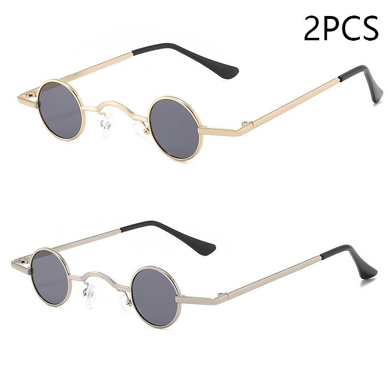 Vintage Rock Punk Sunglasses Small Round Metal Frame Black Lens Wide Bridge Unisex Driving Eyewear Classic Retro Style