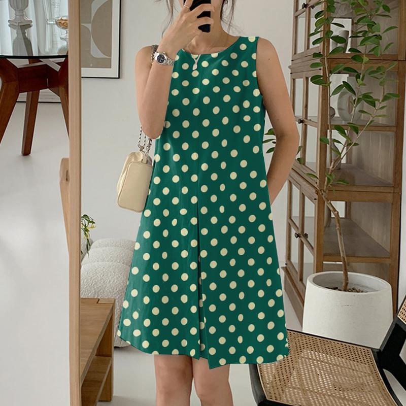 

ZANZEA Женское повседневное платье без рукавов с круглым вырезом и принтом в горошек 5XL зелёный