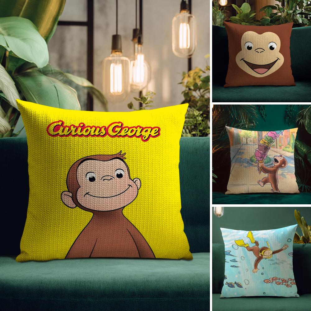 Curious George Monkey Cute Cushion Cover Natural Linen Pillow Case DoubleSided Print Decorative Sofa Pillowcase Home Decor Gift