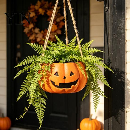 Versatile Tabletop Plant Vessel Pumpkin Shaped Hanging Pot, 4.3 Inch Lightweight Resin Flower Adjustable Decorative Container Rope Mini Pots