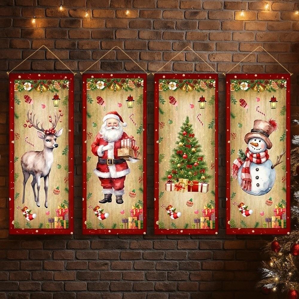 4pcs Elk Christmas Hanging Flag Large Size Xmas Cloth Wall Couplet Merry Christmas Banner Garden