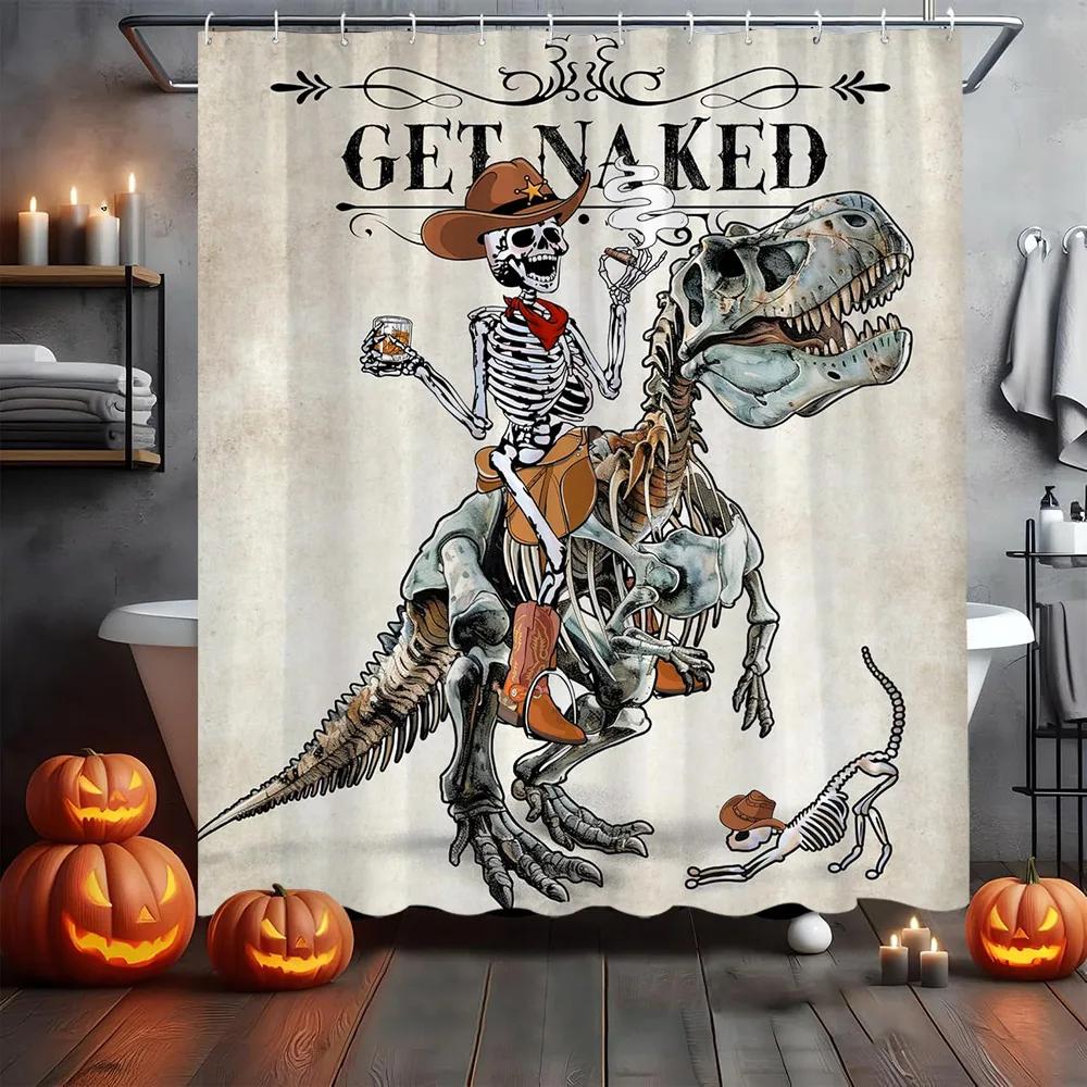 Gothic Skull Skeleton Shower Curtain Halloween Vintage Spooky Funny Black Rose Bone in Bathtub Retro Floral Unique Bathroom Deco