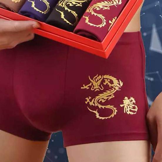4 Pcs Men's Underwear Fiber Large Flat Corner Pants Four Corner Pants Youth Comfortable Elastic Dragon Print Flower Underwear
