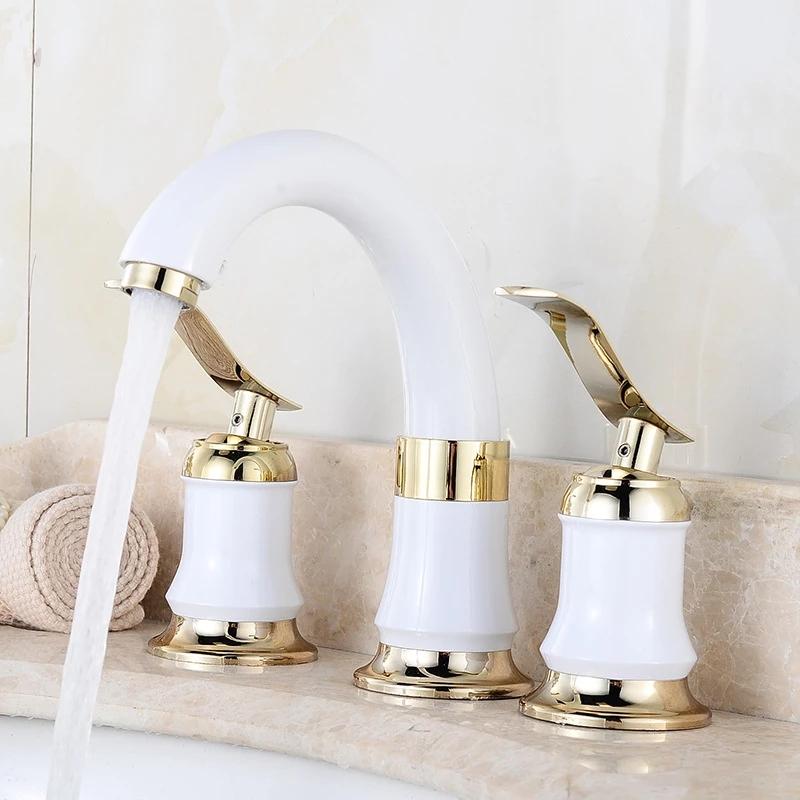 Double Handles Black Golden-Plated 4 Bathroom Wash Basin Faucet Sink Brass Vessel Bathtub Torneira Tap Mixer Faucet White