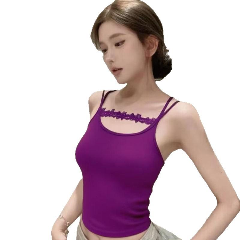 Summer Sexy Pure Desire Wind Lace Splicing Sling Vest Female Spice Girl Slim and Thin Short Outer Sleeveless Top