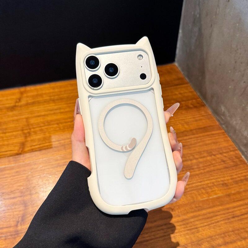 Ins Cute Cat Ear Tail for Magsafe Case For iPhone 17 16 13 12 Pro Max 14 15 Plus 11 17 Air Hard Transparent PC TPU Armor Cover