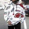 Men Plus Size White Sailboat Printed Long Sleeve Drawstring Hoodie Kangaroo Pocket Pullover