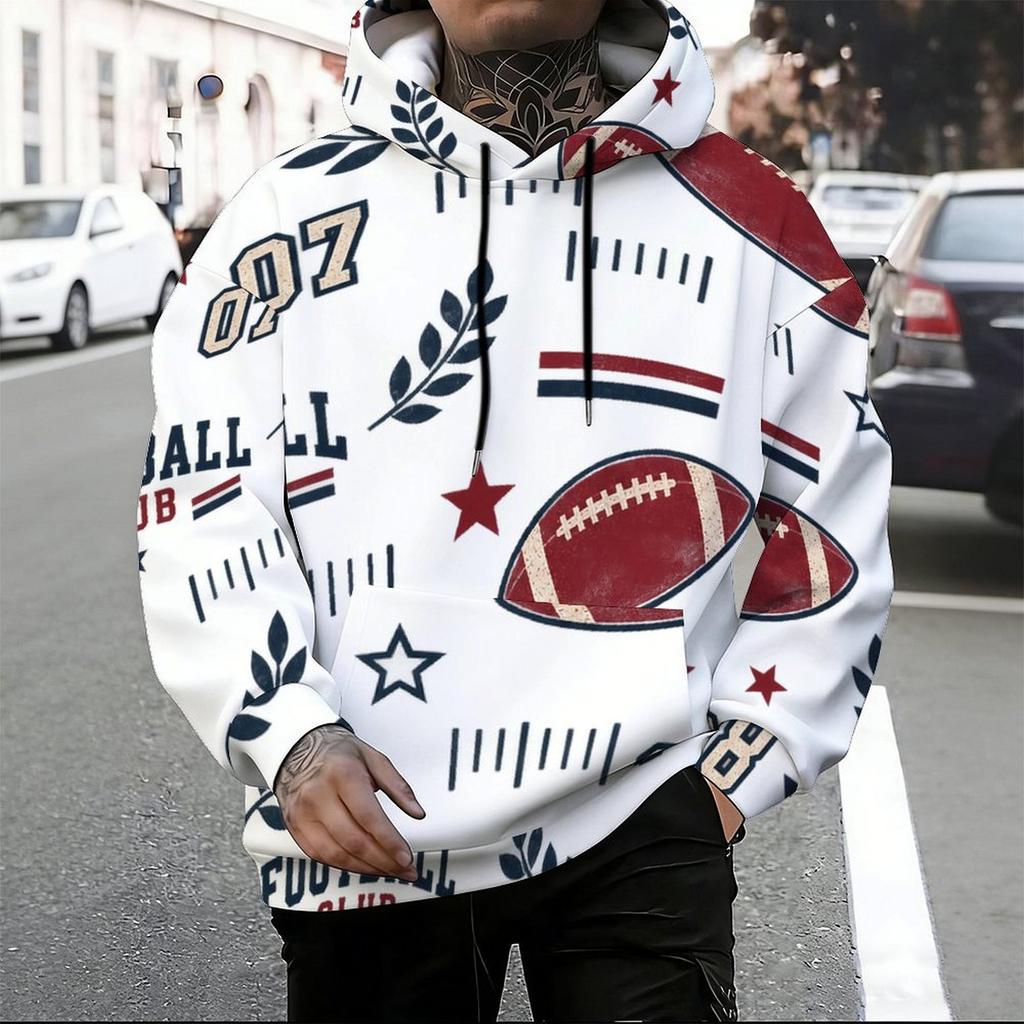Men Plus Size White Sailboat Printed Long Sleeve Drawstring Hoodie Kangaroo Pocket Pullover