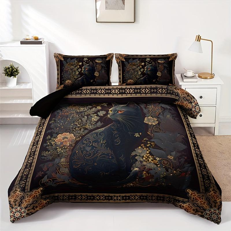 3pcs Duvet Cover Set (1*Duvet Cover + 2*Pillowcase, Without Core), Flower Animal Cat Print Bedding Set, Soft Comfortable