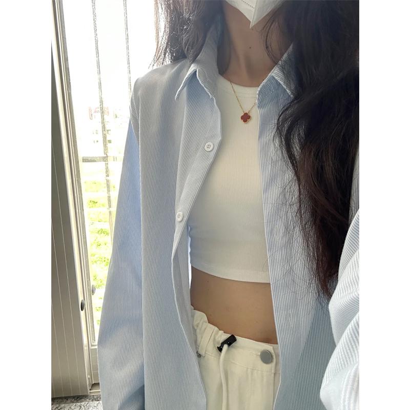 Korean Blue Striped Long Sleeve Shirt Jacket for Women - Early Autumn New Arrival L - 53-58 kg