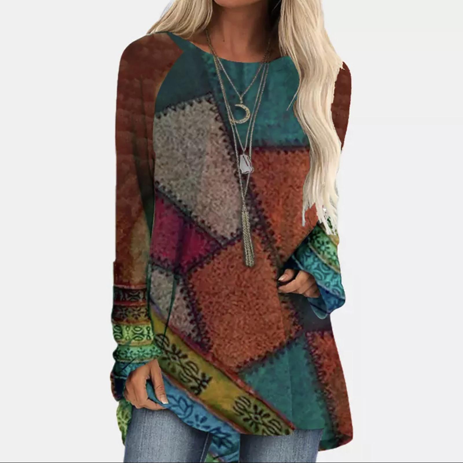 

Women Fashion Long Sleeve Round Neck Printed T-Shirt Loose Top XXXL зелёный