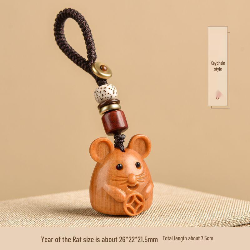 Sandalwood Zodiac Rat Pendant Keychain Necklace: Versatile Charm for Bags and Phones