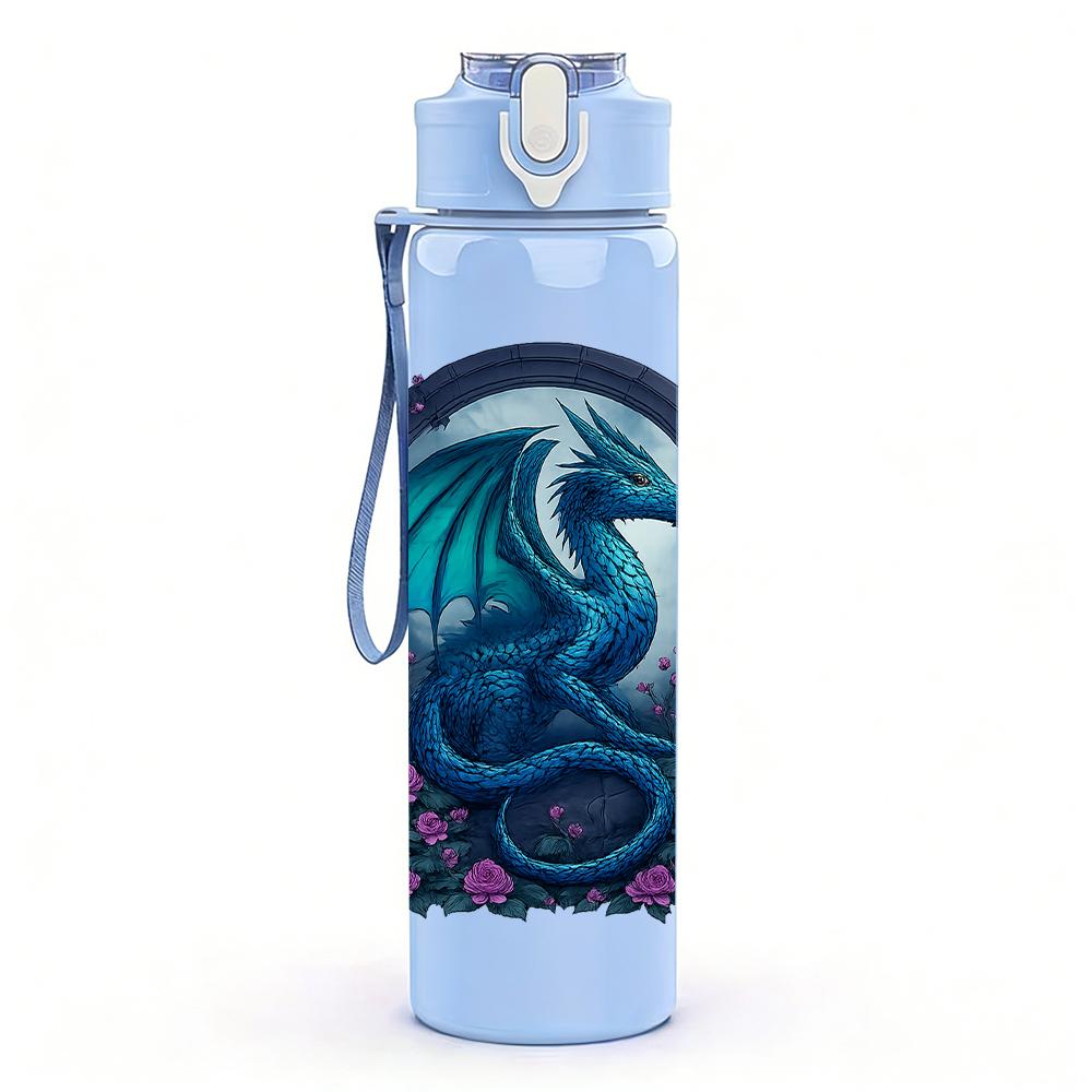 1PC Dark Blue Dragon Emblem 750ml Color Plastic Sports Water Bottle Leakproof Flip Straw Lid For Sports Office Home Use