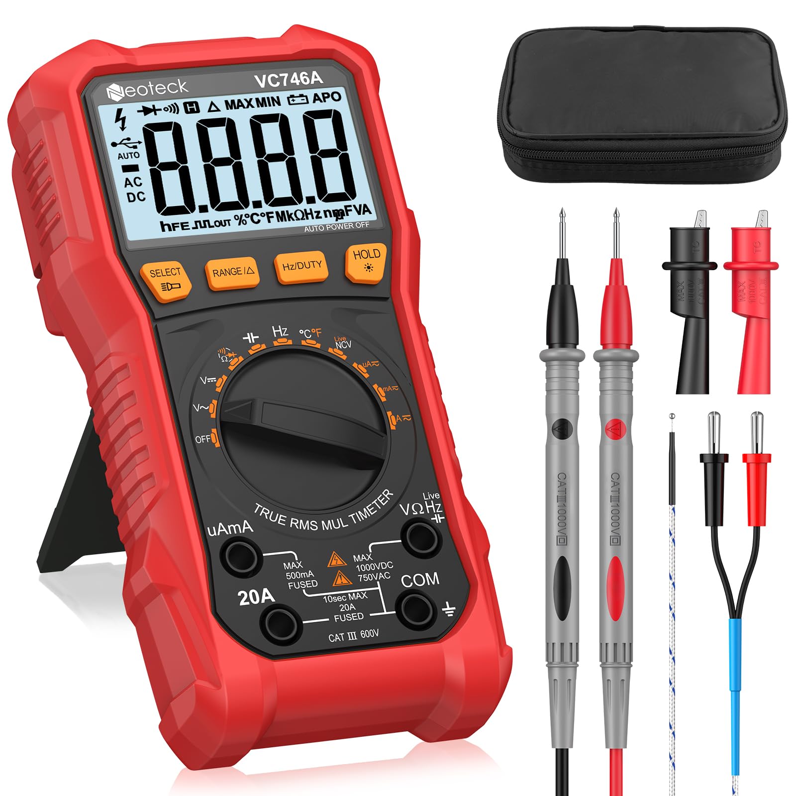 

Neoteck 6000 Count TRMS Digital Multimeter Tester with Duty NCV Live Temperature Alligator Storage and Japanese Instruction Manual AC/DC Voltage,