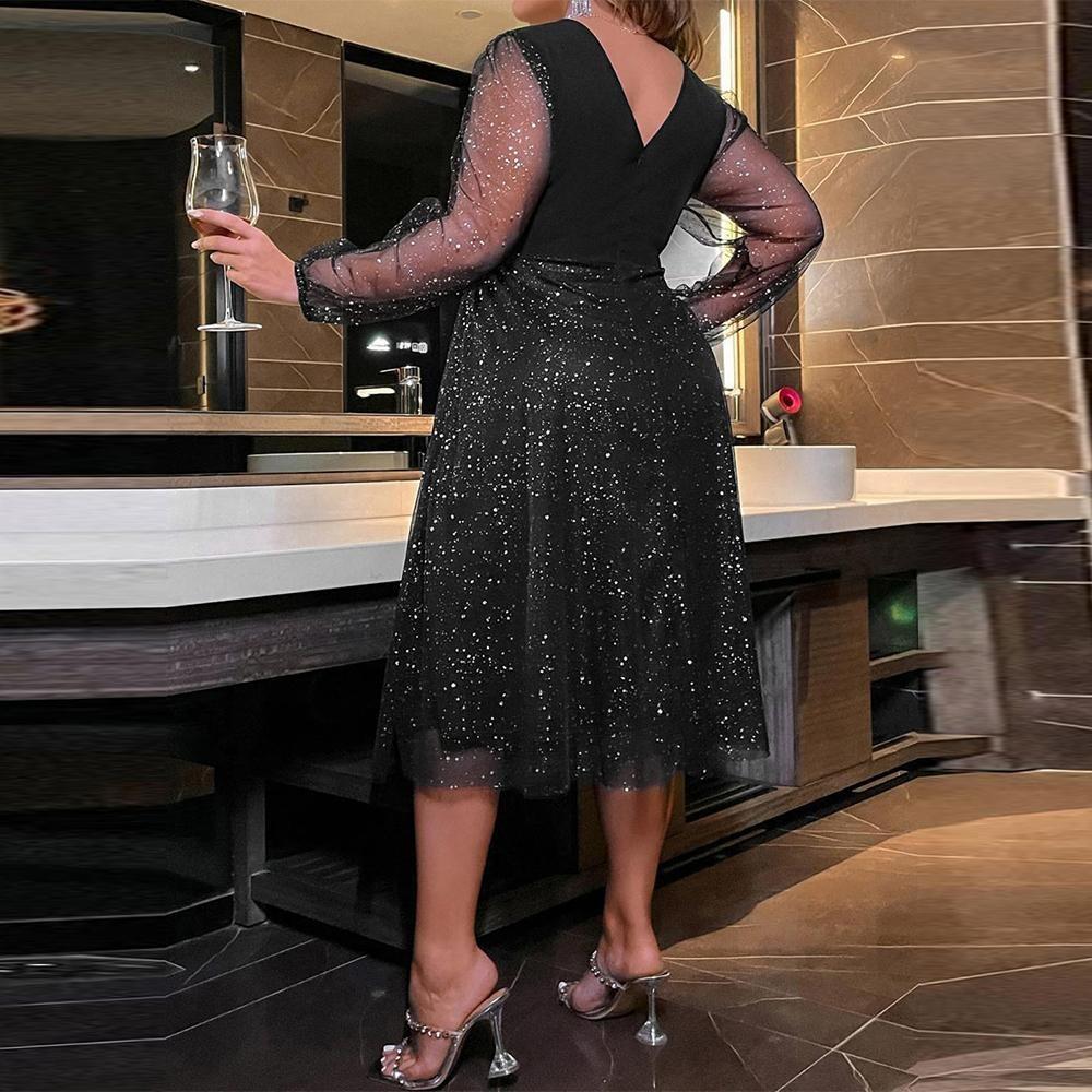 LYRIA Elegantní dámské sexy midi šaty s V výstřihem a průsvitnými síťovanými rukávy s flitry Dámské volánové společenské šaty Krása Plus Size Oblečení 2023-2024
