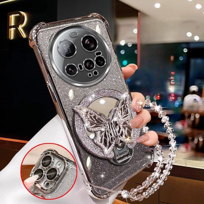 

Glitter Butterfly Mirror Crystal Bracelet Case for Xiaomi 15 14 Ultra 14T 13 12 11 17 Pro Max Shockproof Silicone Cover Xiaomi 17