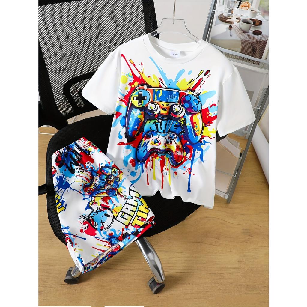 European and American Boys' Fashion Game Machine Printed Short Sleeved  Print Graffiti Shorts Set
