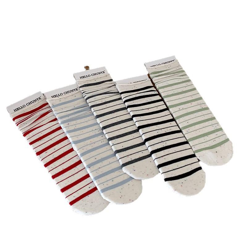 Korean Style Idea Yarn Striped Boneless Socks Women'S Mid-Leg Socks Spring And Autumn Cotton Rolled Hemmed Stacked Socks