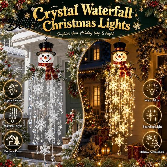 Santa Claus Snowman Decor Crystal Waterfall Christmas Lights, LED Warm White Pendant Festive Yard Decoration Light with Snowflake Droplets,
