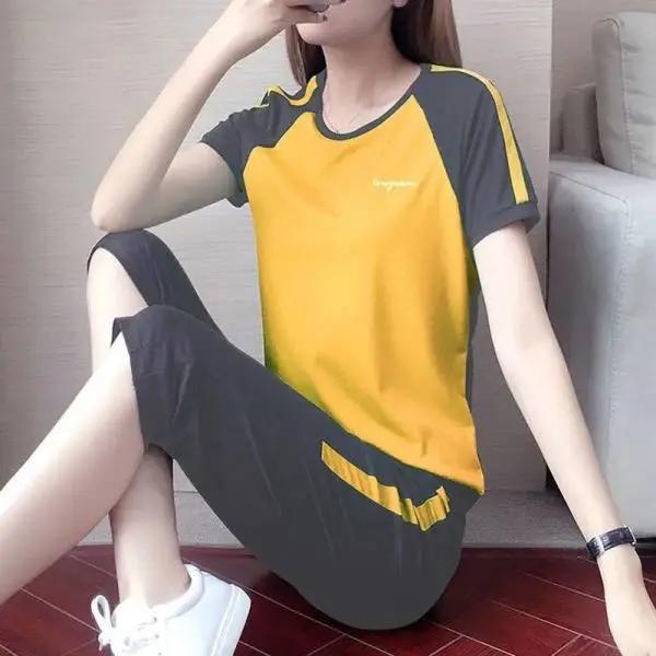 Women's Summer Casual Sports Suit Slim Round Neck Short-sleeved Top + Seven Pants Two-piece Set